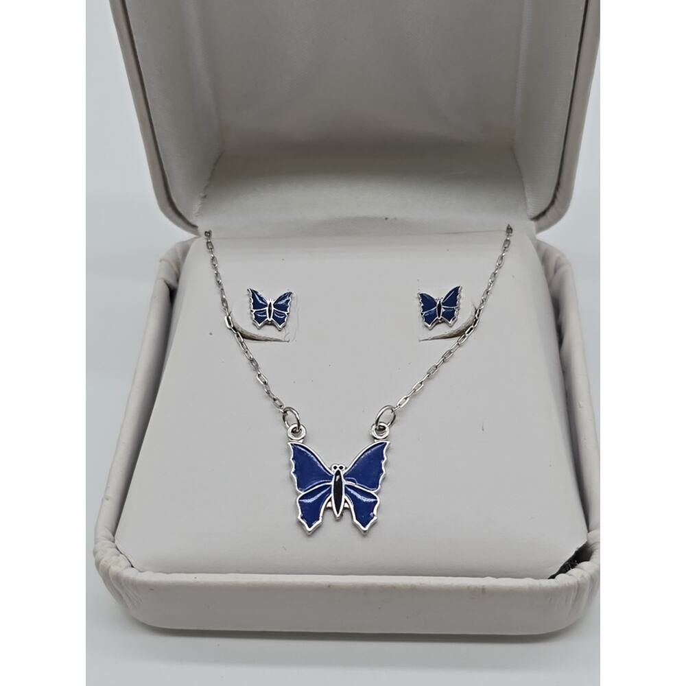 Blue Enamel Butterfly Pendant Sterling Silver Necklace and Earrings Gift Set